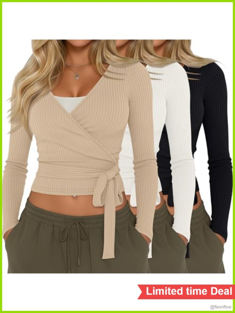 3 Pack Womens Cotton Ribbed Knit Wrap Top Tie Front Fitted Workout Top